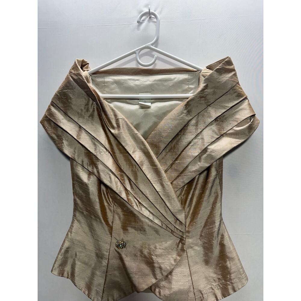 VINTAGE Watters 100% Silk Champagne Off Shoulder Pleated Peplum Blouse Top